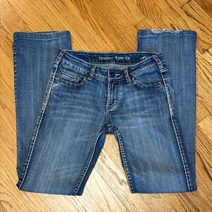 -Cowgirl Tuff DONT FENCE ME IN Rivets Whipstitch Blue Jeans Women W/27 L/32